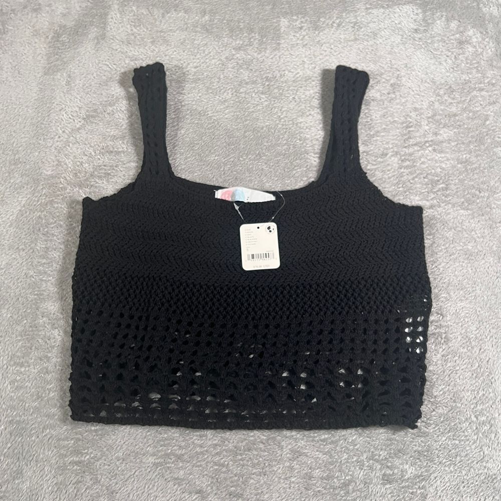 FP Beach Black Crochet Knit Crop‎ Tank Top Size S Sleeveless Beach Cover Up